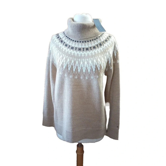 Tommy Hilfiger Women's Sweater Sz M Fair Isle Turtleneck Sweater Tan Brown NWT - Picture 2 of 9